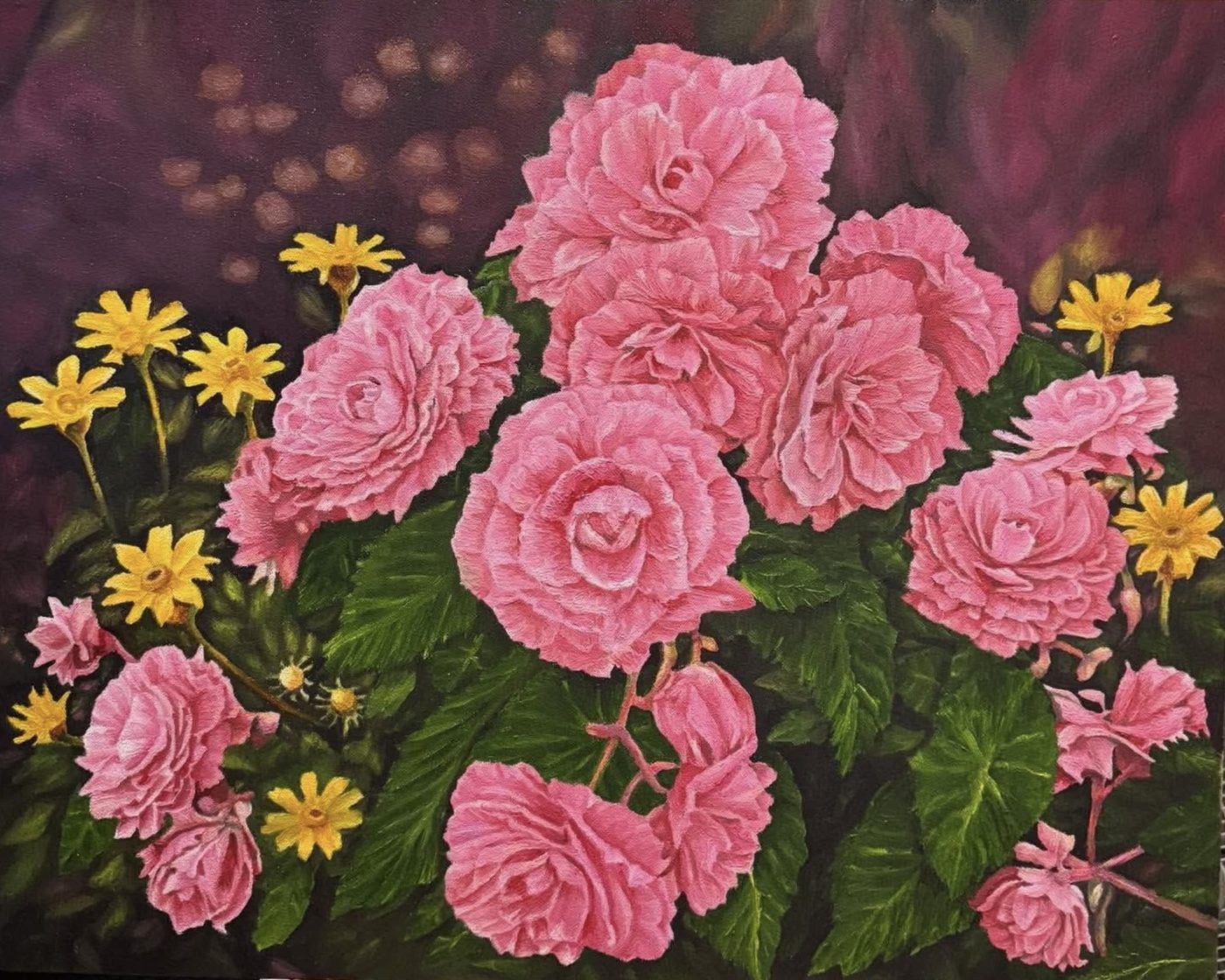 A Garden for Lulu — painting by BogaCA of pink begonias and yellow daisies