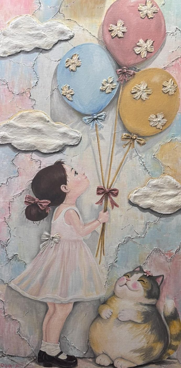 Happiness Has No Weight — acrylic painting by BogaCA of a girl holding balloons beside a cat