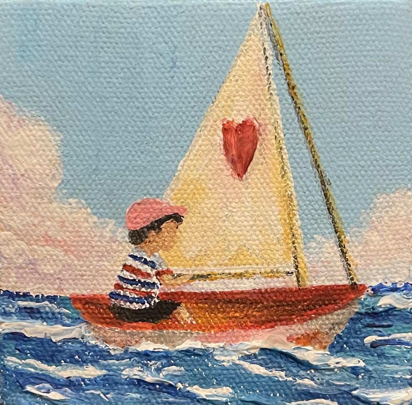 Any Minute Now — Boy in a small sailboat with a heart on the sail, miniature acrylic painting