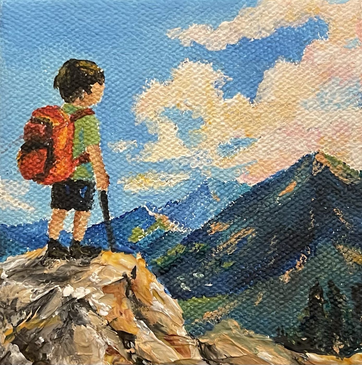 Be There in a Bit — Boy with a backpack on a rocky summit, miniature acrylic painting