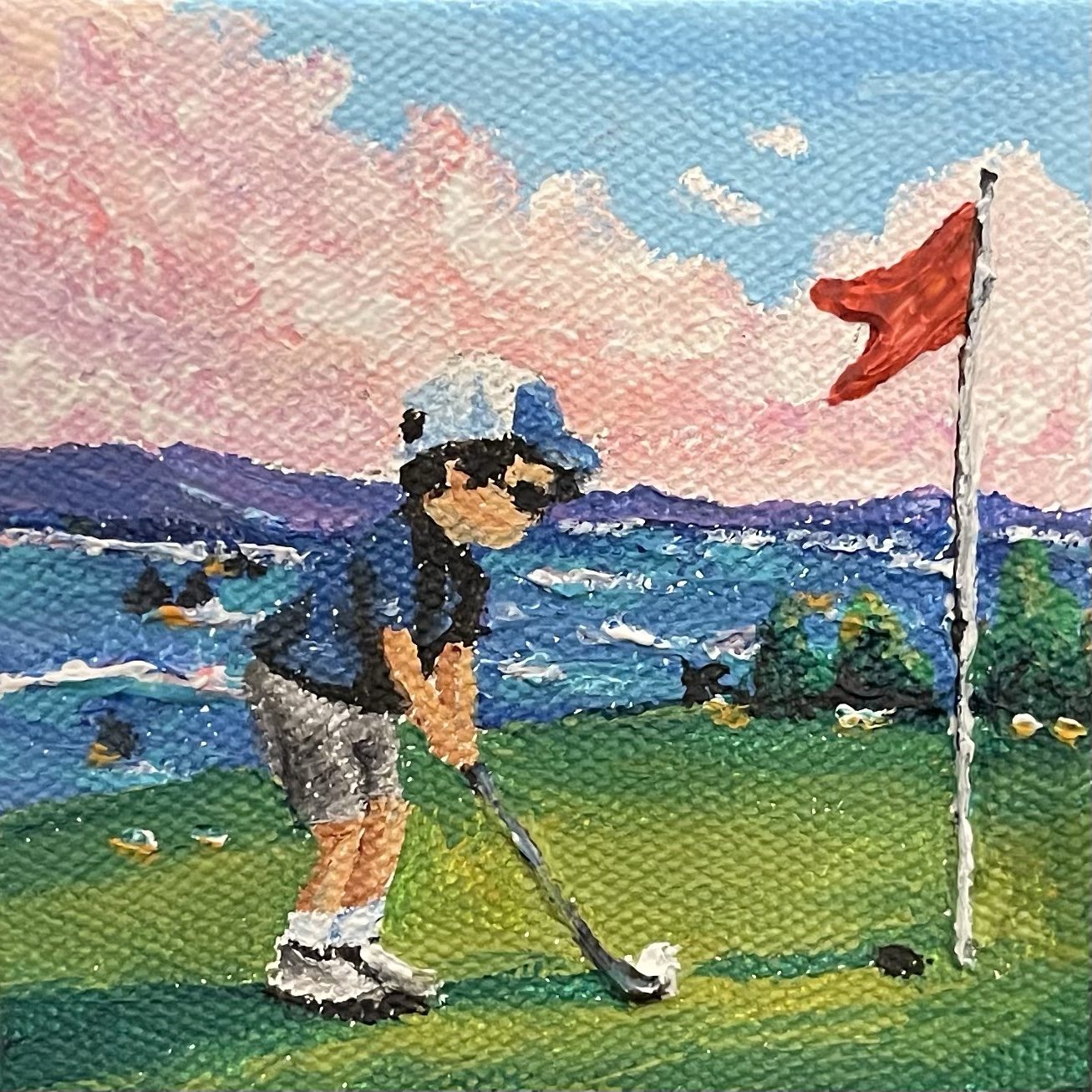 Determined to Putt — Boy lining up a putt beside a red flag, miniature acrylic painting