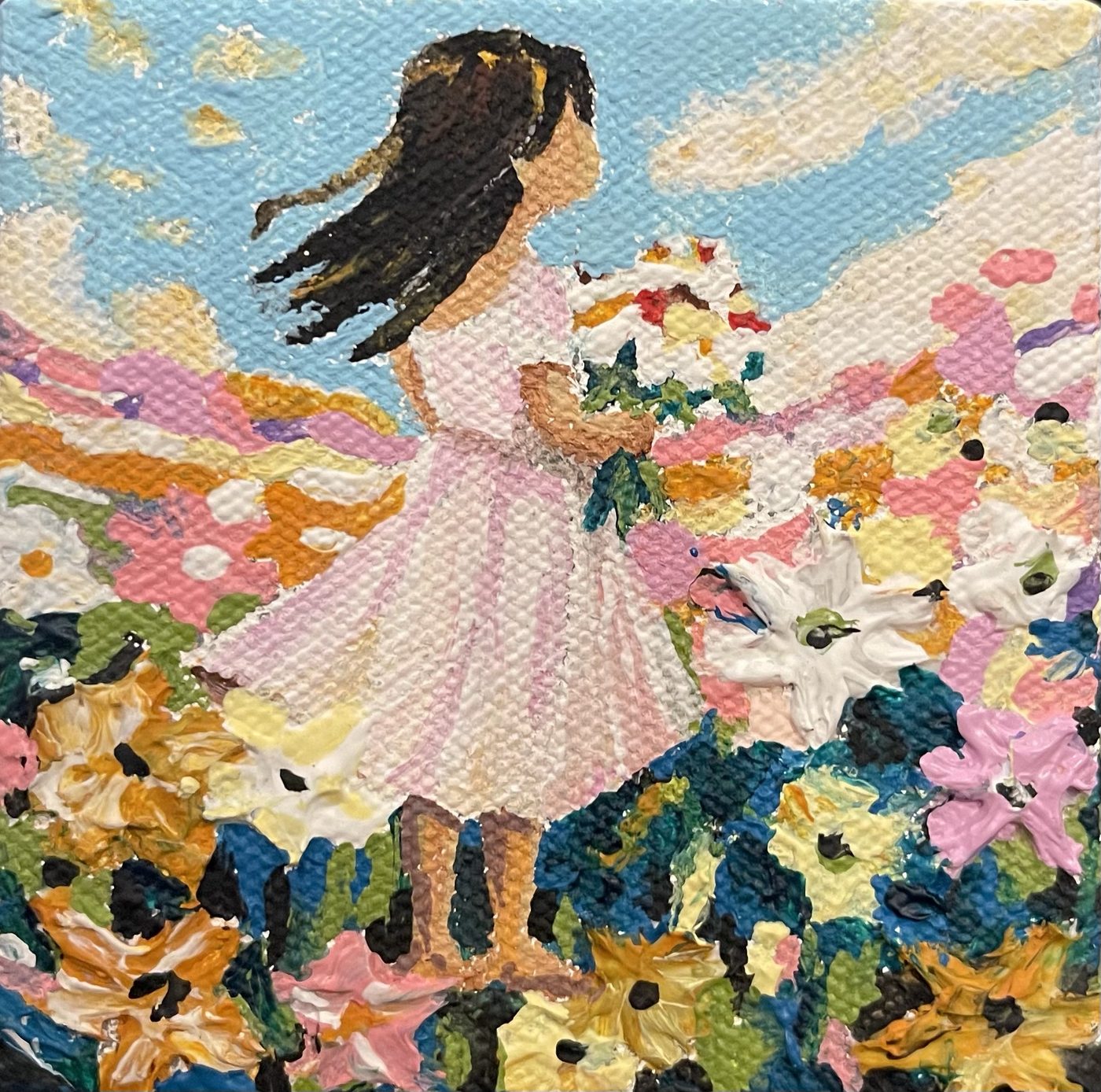 Flowers for Me — Girl with a bouquet in a field of flowers, miniature acrylic painting
