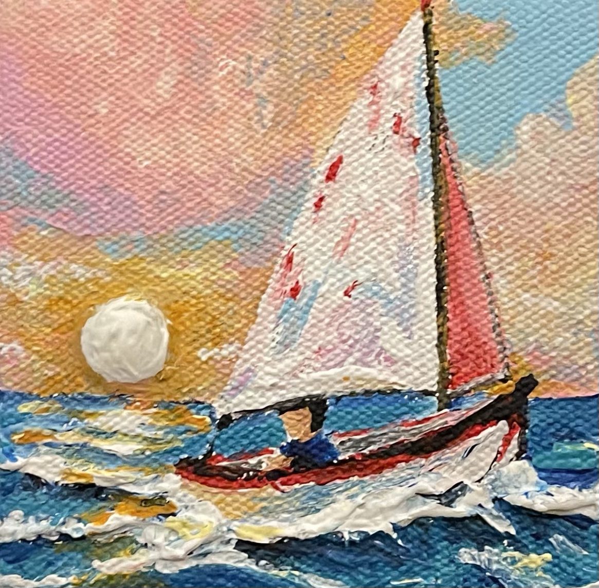 Go, Wind, Go — Sailboat crossing a sunset sea, miniature acrylic painting