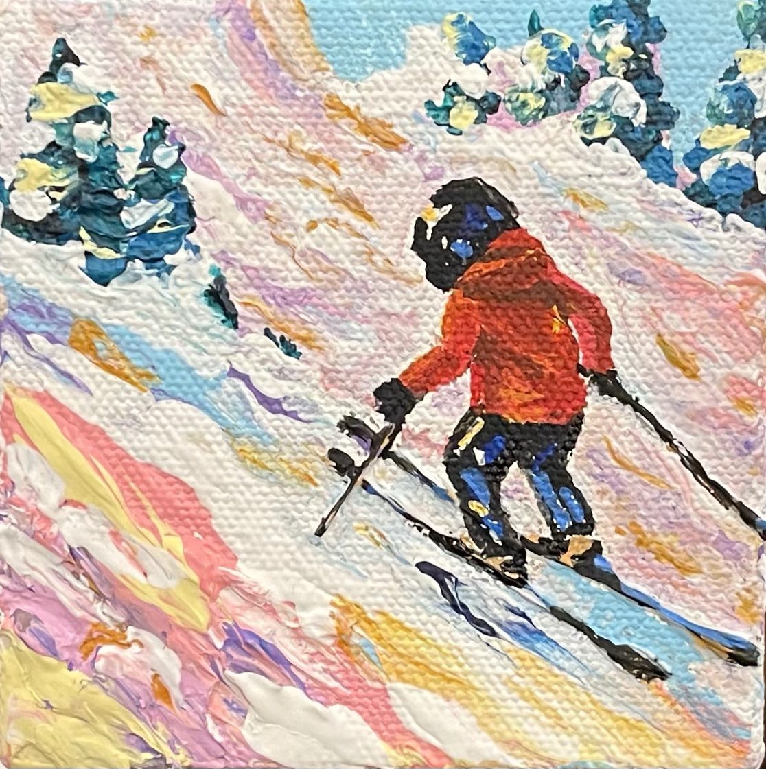 Here I Go — Skier in a red jacket on a pastel slope, miniature acrylic painting