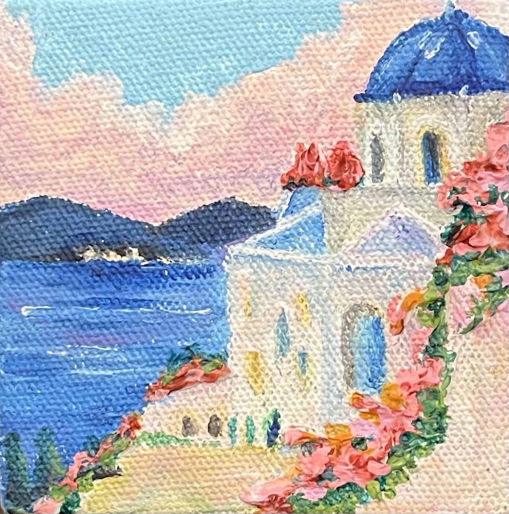 I Live for This? — White chapel with a blue dome above the sea, miniature acrylic painting