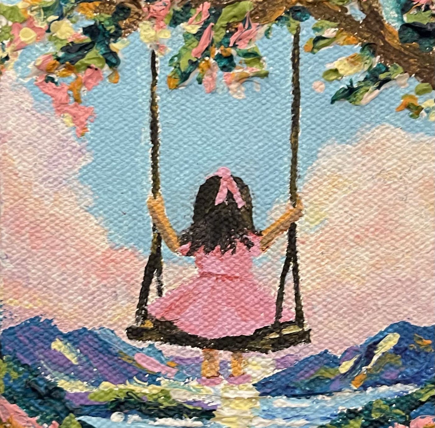 I Love to Fly — Girl on a swing above the mountains, miniature acrylic painting
