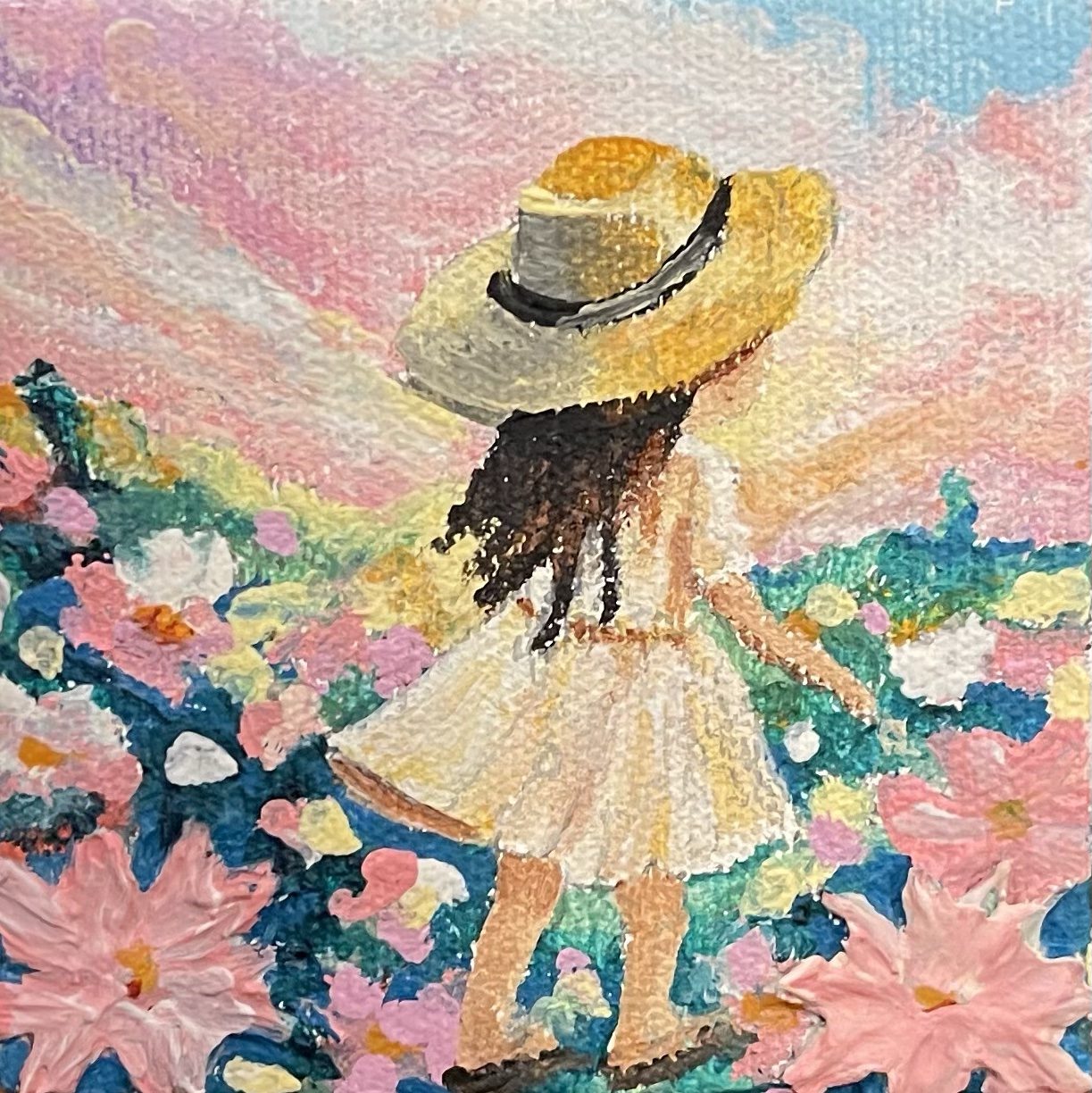 In Awe — Girl in a straw hat among pink flowers, miniature acrylic painting