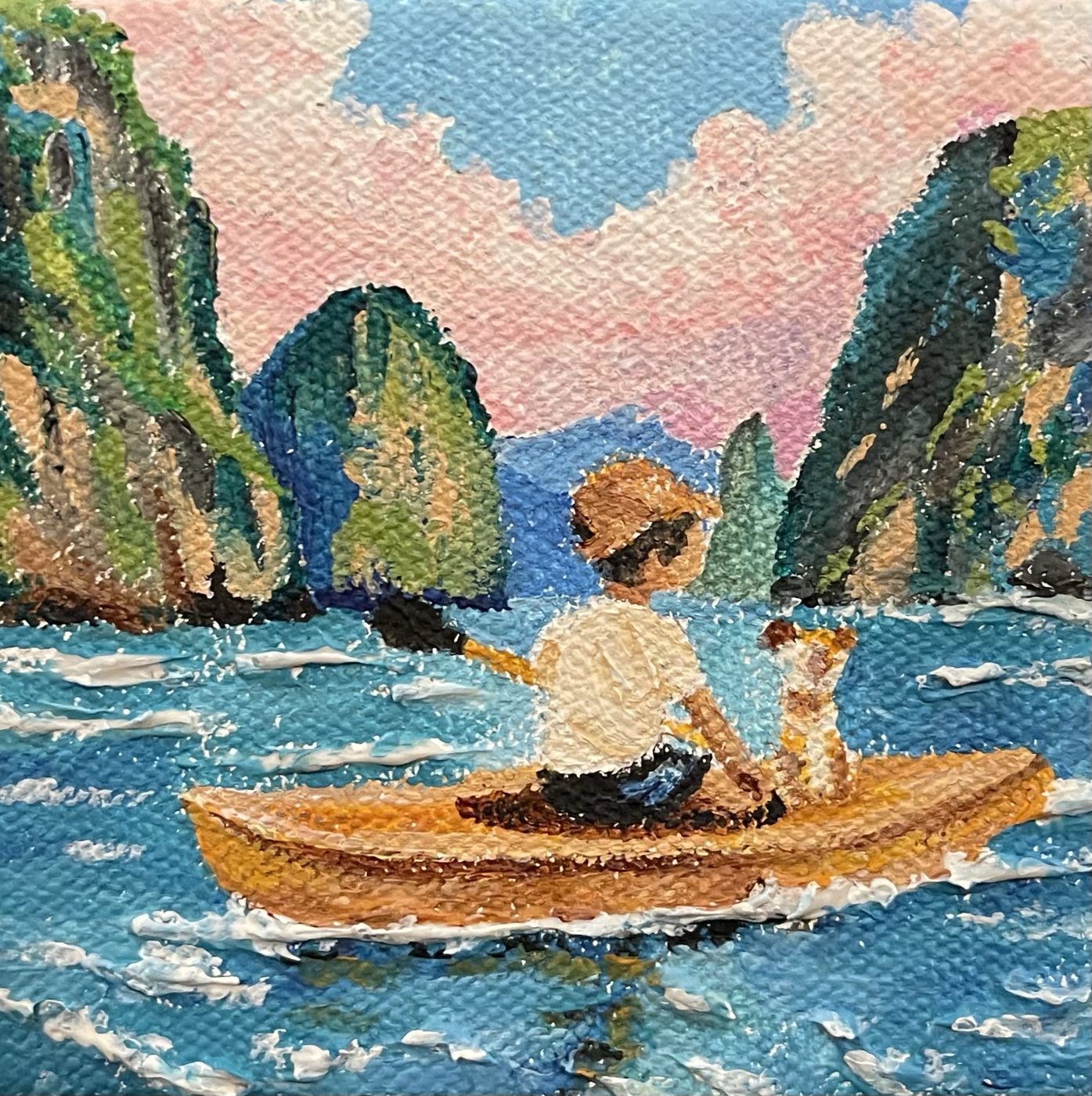 Let's See What's There — Boy and dog kayaking between limestone cliffs, miniature acrylic painting