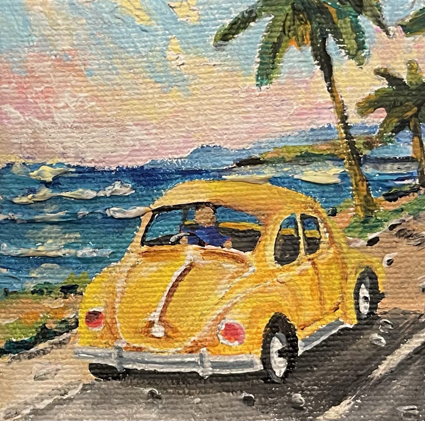 Lovin' the View — Yellow beetle car on a coastal road, miniature acrylic painting
