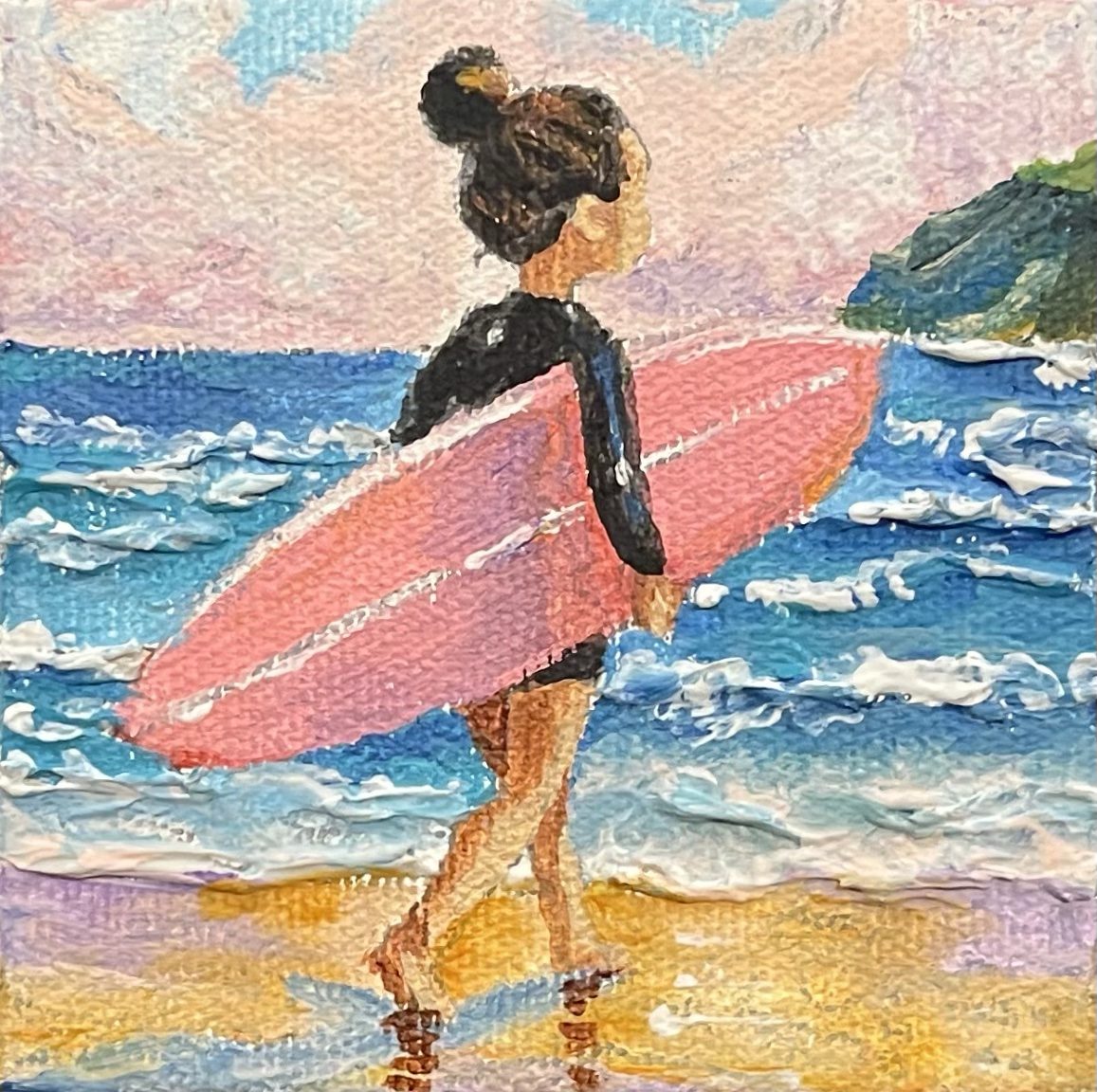 My Turn — Girl carrying a pink surfboard along the shore, miniature acrylic painting
