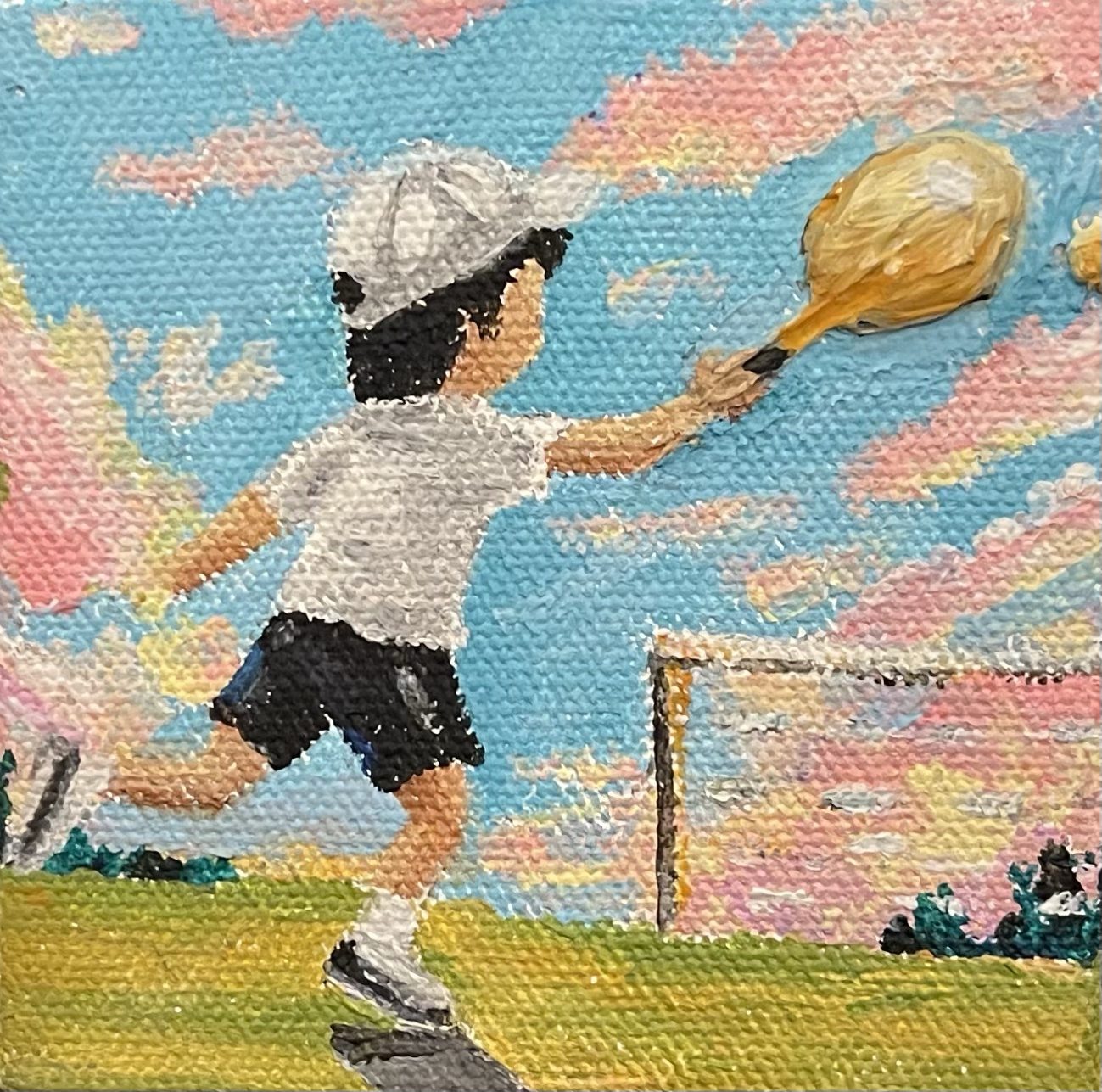 Not Losing Today — Boy swinging a tennis racket, miniature acrylic painting
