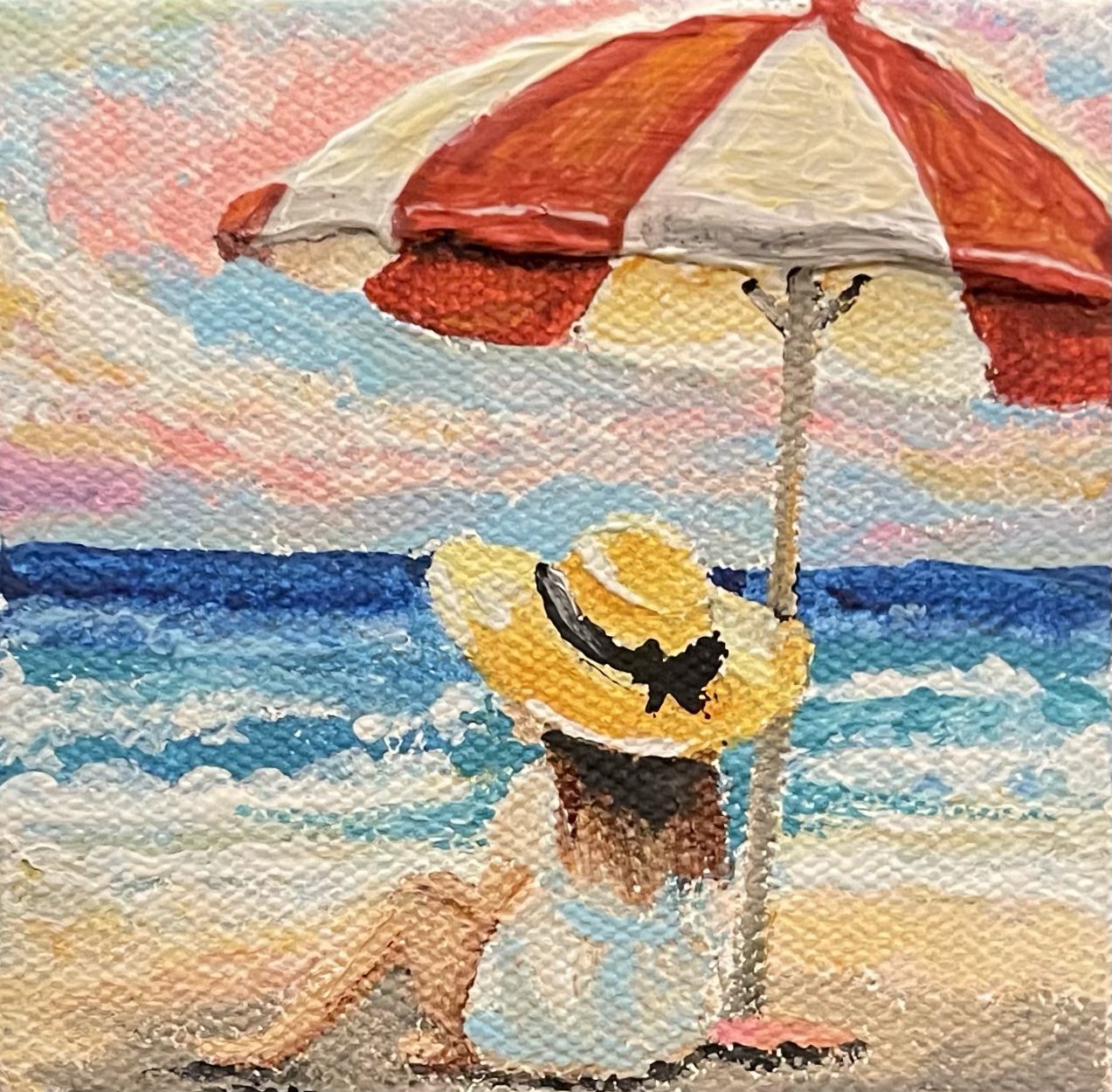 Nowhere to Be — Girl in a sun hat under a beach umbrella, miniature acrylic painting