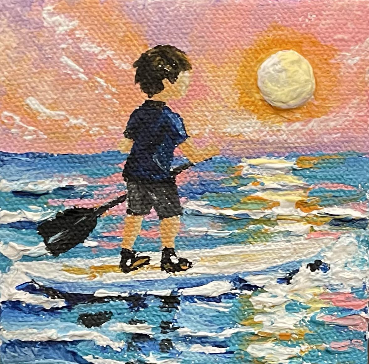 Paddling Along — Boy on a paddleboard at sunset, miniature acrylic painting