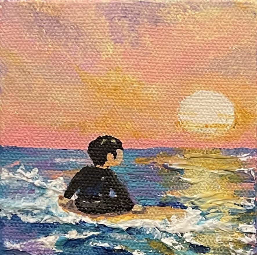 Saying Bye to the Sun — Boy on a surfboard facing the sunset, miniature acrylic painting