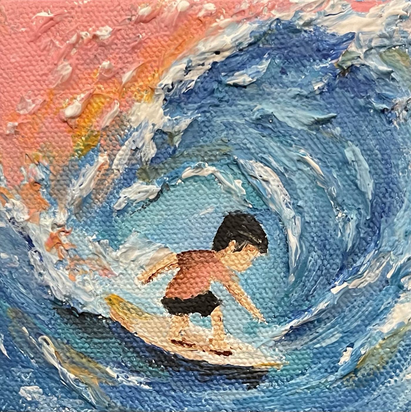This Is How I Do It — Boy surfing inside a curling wave, miniature acrylic painting