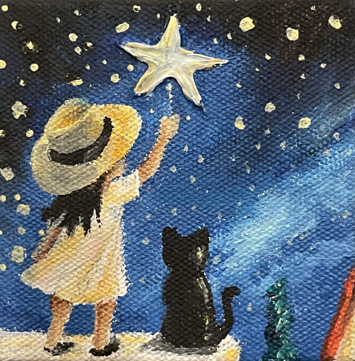 Twinkle Twinkle, Be a Star — Girl in a straw hat reaching for a star beside a black cat, miniature acrylic painting
