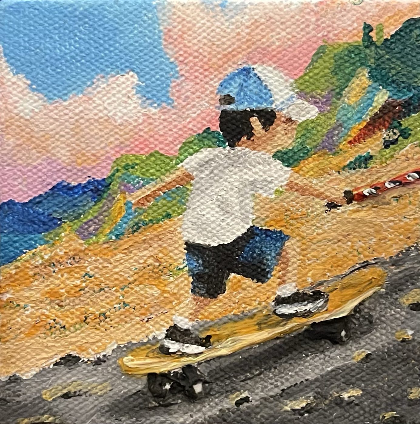 Uphill Is Fun Too — Boy on a skateboard rolling downhill, miniature acrylic painting
