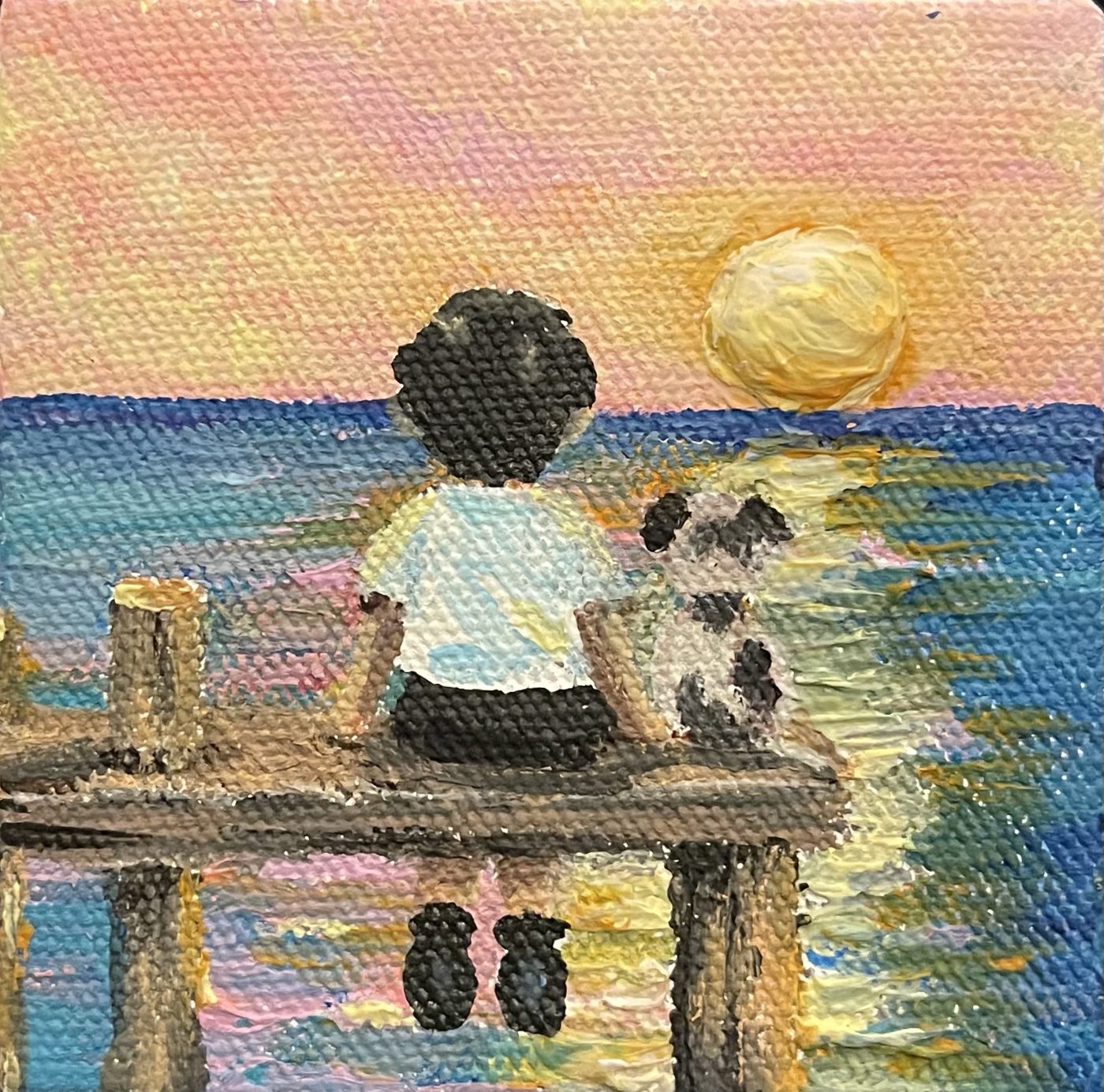 You and Me — Boy and dog on a dock at sunset, miniature acrylic painting